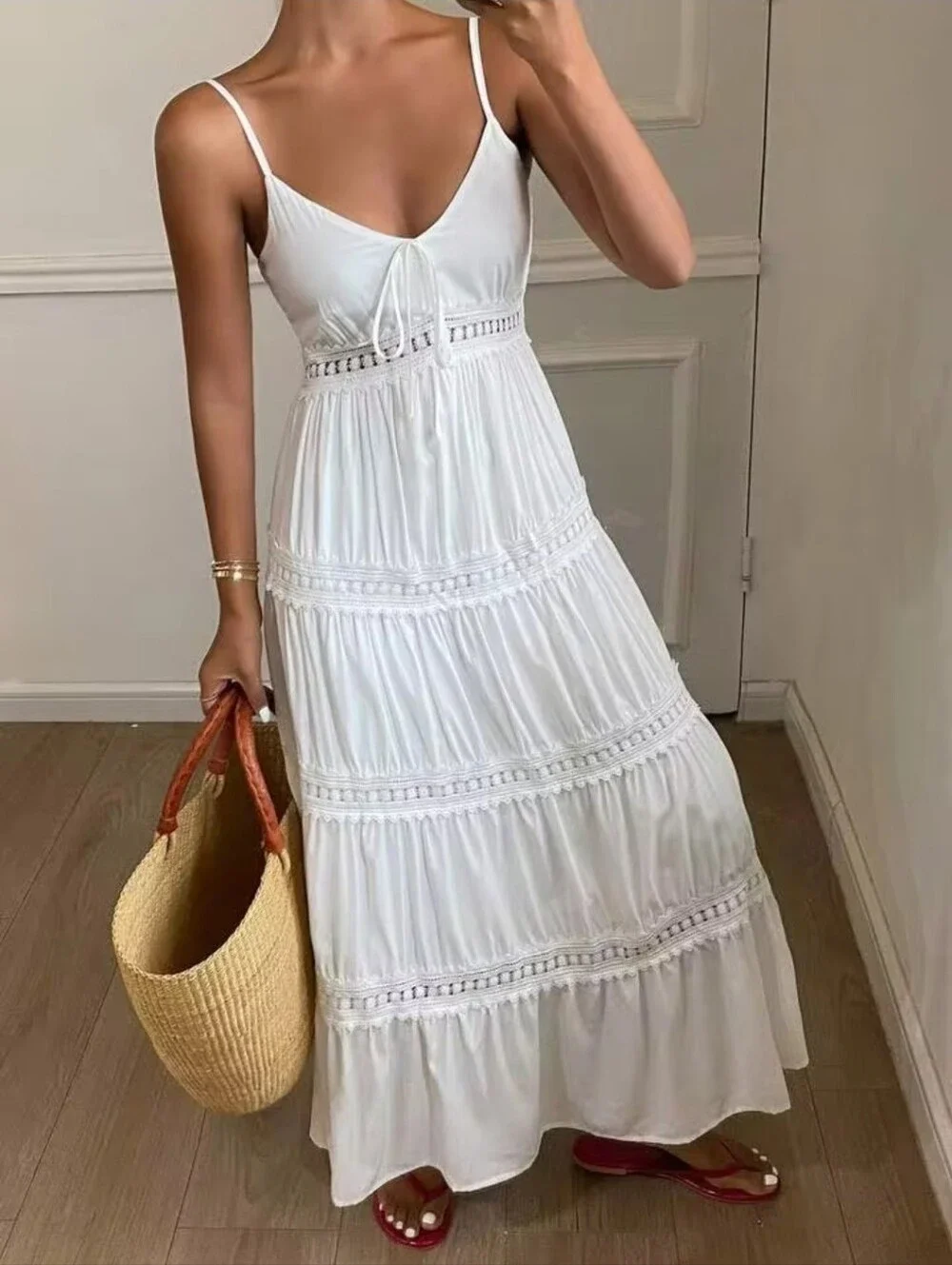 New Flowy Lace Trimmed Tiered Long Cami Dress White - Picture 5 of 9
